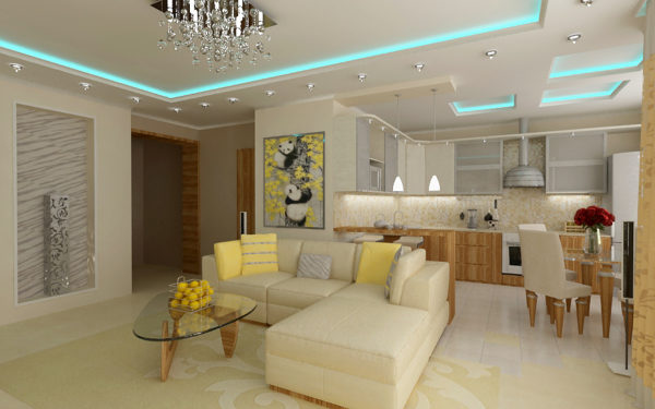 дизайн светлой гостиной с кухней