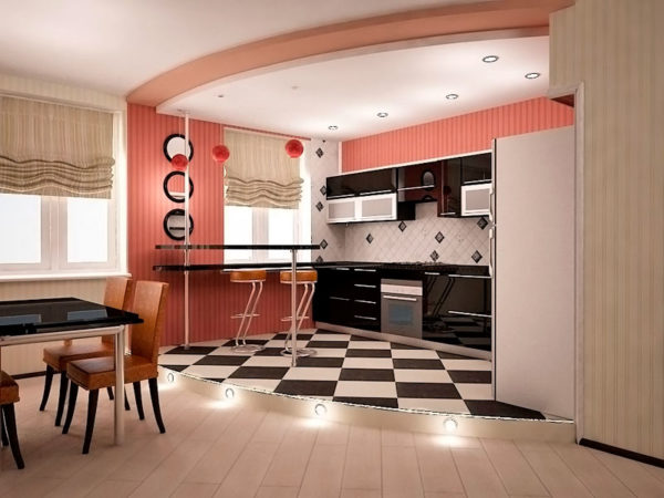 Розовый интерьер в гостиной-кухне