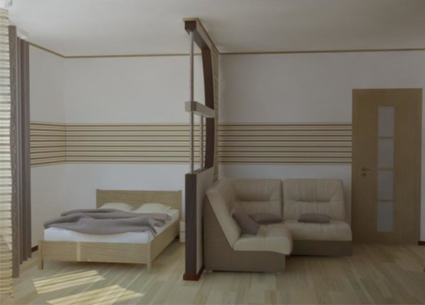 Молочно-бежевая гостиная спальная со сложной перегородкой